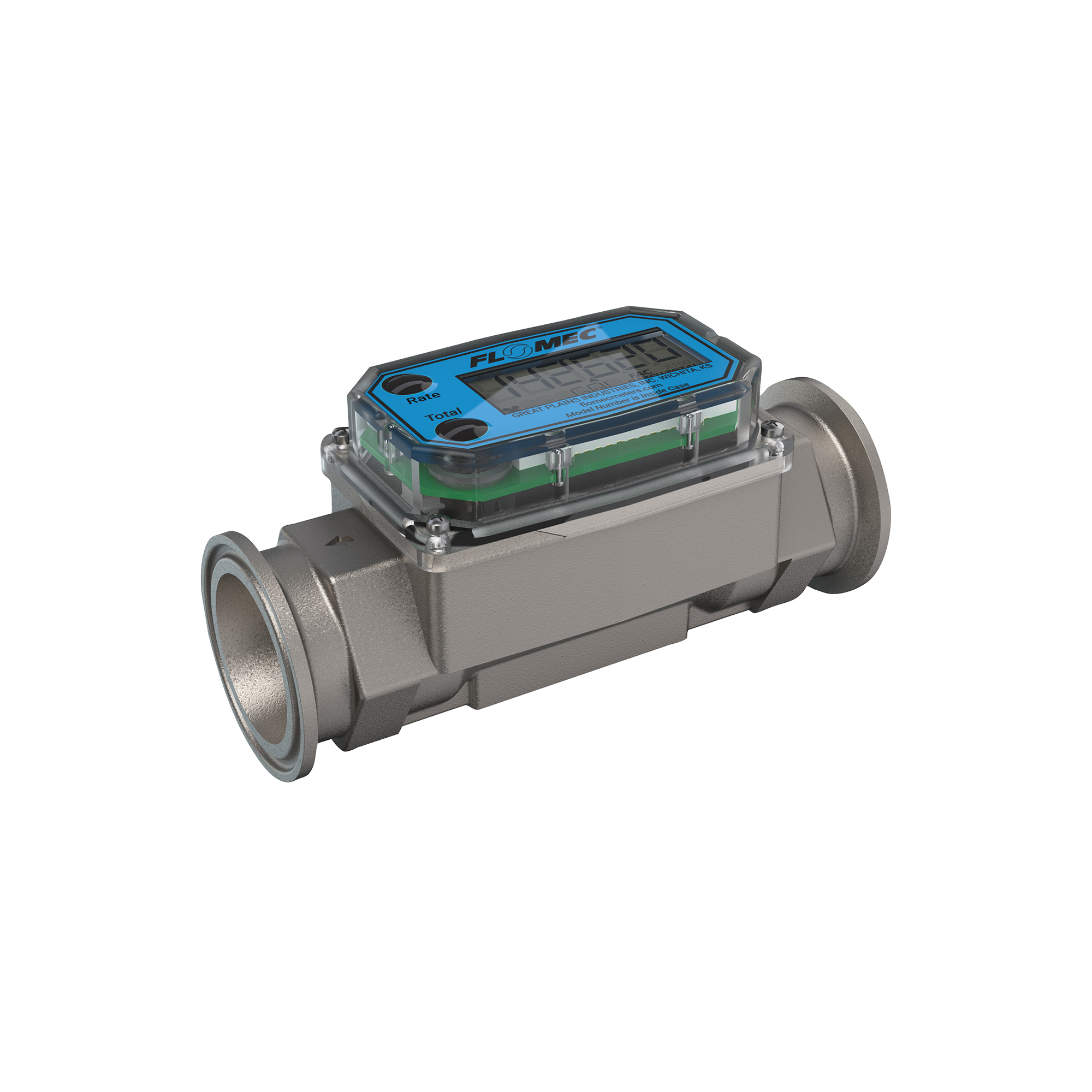 1" Tri-Clamp Turbine Flow Meter, Battery Powered Display, Stainless Steel Body for Petro Chem, Fuel, Water, and Solvents